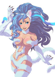 Rule 34 | 1girl, animal ears, animal hands, big hair, blue eyes, blue hair, breasts, cat ears, cat tail, claws, commentary request, fangs, felicia (vampire), fur, highres, long hair, looking at viewer, medium breasts, navel, o sho, open mouth, simple background, smile, solo, tail, vampire (game), white background