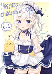 Rule 34 | 1girl, :d, absurdres, aged down, animal, apron, arlene (ju), azur lane, belfast (azur lane), bird, blue dress, blue ribbon, blush, braid, collarbone, commentary request, dated, dress, elbow gloves, frilled apron, frills, gloves, hair between eyes, hair ribbon, heart, highres, little bel (azur lane), looking at viewer, maid headdress, one side up, open mouth, purple eyes, ribbon, silver hair, sleeveless, sleeveless dress, smile, solo, thighhighs, waist apron, white apron, white gloves, white thighhighs