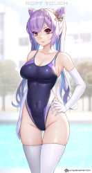 Rule 34 | 1girl, black one-piece swimsuit, breasts, cleavage, commentary, competition swimsuit, cone hair bun, covered navel, cowboy shot, double bun, elbow gloves, genshin impact, gloves, hair bun, hair ears, hand on own hip, highleg, highleg swimsuit, highres, jurrig, keqing (genshin impact), large breasts, long hair, one-piece swimsuit, purple eyes, purple hair, revision, solo, swimsuit, thighhighs, white gloves, white thighhighs