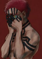 Rule 34 | 1boy, 6tygu, akaza (kimetsu no yaiba), arm tattoo, blue eyes, blue sclera, chest tattoo, colored eyelashes, colored sclera, commentary request, covered mouth, covering face, eyelashes, facial mark, facial tattoo, hand tattoo, hands on own face, hands up, heterochromia, highres, kimetsu no yaiba, male focus, nude, own hands together, red background, red hair, red nails, short hair, simple background, solo, tattoo, text in eyes, upper body, yellow eyes