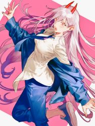 Rule 34 | 1girl, bikkusama, blue jacket, blue pants, chainsaw man, collared shirt, cross-shaped pupils, fangs, hair between eyes, hand up, highres, horns, jacket, leg up, long hair, long sleeves, necktie, off shoulder, open mouth, pants, pink background, pink hair, power (chainsaw man), purple necktie, red eyes, red horns, shirt, shoes, solo, symbol-shaped pupils, very long hair, white shirt