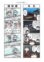 Rule 34 | 4koma, 5girls, absurdres, aquarium, arrow (projectile), asagumo (kancolle), black hair, bow, brown hair, comic, commentary request, fish, hair ribbon, highres, holding, holding bow (ornament), hyuuga (kancolle), ise (kancolle), japanese clothes, kantai collection, lobster, long hair, mogami (kancolle), moray eel, multiple girls, nontraditional miko, ponytail, quiver, remodel (kantai collection), ribbon, school uniform, seiran (mousouchiku), short hair, translation request, twintails, wavy hair, yamagumo (kancolle)