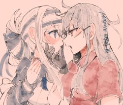 Rule 34 | 2girls, ainu clothes, blue eyes, blush, breasts, brown gloves, cake, cyrillic, facial scar, food, gangut (kancolle), gloves, grey hair, hair between eyes, hair ornament, hairclip, hand on another&#039;s chin, itomugi-kun, japanese clothes, kamoi (kancolle), kantai collection, large breasts, long hair, looking at another, multiple girls, open mouth, pink background, red eyes, red shirt, scar, scar on cheek, scar on face, shirt, simple background