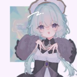 Rule 34 | 1girl, :d, bad id, bad twitter id, black collar, blue hair, blush, bonnet, border, collar, detached sleeves, dress, eyes visible through hair, frilled sleeves, frills, gem, grey sleeves, hands on own chest, heart, highres, light blue hair, long sleeves, looking at viewer, magia record: mahou shoujo madoka magica gaiden, mahou shoujo madoka magica, mrmr427, no nose, open mouth, outside border, puffy long sleeves, puffy sleeves, purple eyes, purple gemstone, sena mikoto, sleeveless, sleeveless dress, smile, solo, straight-on, twintails, upper body, white border, white headwear