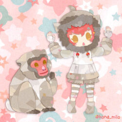 Rule 34 | 1girl, animal, hood, hoodie, japanese macaque (kemono friends), kemono friends, kikuchi milo, looking at viewer, monkey, pink hair, yellow eyes