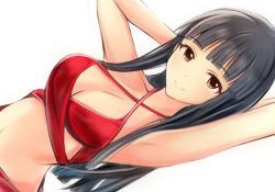 Rule 34 | 1girl, armpits, arms behind head, arms up, bare arms, bare shoulders, bikini, black hair, breasts, brown eyes, cleavage, closed mouth, collarbone, criss-cross halter, dutch angle, halterneck, hime cut, idolmaster, idolmaster cinderella girls, kurokawa chiaki, large breasts, long hair, looking at viewer, nannacy7, navel, red bikini, simple background, smile, solo, stomach, swimsuit, white background