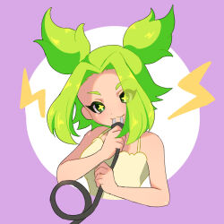 Rule 34 | + +, :3, cable, camisole, deformed, electric plug, electricity, green eyes, green hair, highres, holding, holding cable, kukurixi, league of legends, lightning bolt symbol, mouth hold, parted bangs, recharging, twintails, white camisole, zeri (league of legends)