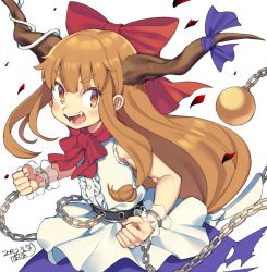 Rule 34 | 1girl, :d, belt, black belt, blouse, blue skirt, blush, bow, brown eyes, brown hair, center frills, chain, clenched hands, commentary request, cowboy shot, cuffs, dated, fangs, frills, hair bow, horn ornament, horn ribbon, horns, ibuki suika, iroyopon, long hair, looking at viewer, oni, oni horns, open mouth, orb, petals, purple ribbon, red bow, red neckwear, ribbon, rose petals, shackles, shirt, sidelocks, signature, simple background, skirt, sleeveless, sleeveless shirt, smile, solo, touhou, very long hair, white background, white shirt, wrist cuffs