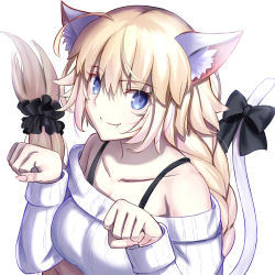 Rule 34 | 1girl, ahoge, animal ears, bare shoulders, blonde hair, breasts, cat ears, cat girl, cat tail, collarbone, eyes visible through hair, fang, fate/grand order, fate (series), hair between eyes, jeanne d&#039;arc (fate), jeanne d&#039;arc (ruler) (fate), long hair, looking at viewer, nekodaruma new, paw pose, simple background, solo, tail, upper body, white background