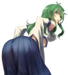 Rule 34 | 1girl, aqua eyes, ass, bent over, blue skirt, breasts, detached sleeves, green hair, hair tubes, kochiya sanae, leaning forward, long hair, long skirt, looking at viewer, medium breasts, profile, simple background, skirt, smile, solo, touhou, utopia, vest, white background