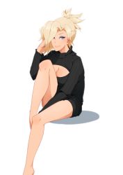 Rule 34 | 1girl, alternate costume, artist request, barefoot, black sweater, blonde hair, blue eyes, breasts, casual, citadeloli, cleavage, cleavage cutout, clothing cutout, dress, eyelashes, hair ornament, hair tie, hand to head, image sample, large breasts, leg up, legs, long hair, looking at viewer, meme attire, mercy (overwatch), open-chest sweater, overwatch, overwatch 1, ponytail, ribbed sweater, short hair, sitting, solo, sweater, sweater dress, turtleneck