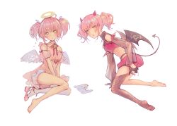 Rule 34 | 2girls, amulet angel, amulet devil, angel, angel wings, cross, cross necklace, demon girl, demon horns, demon tail, demon wings, dual persona, feathered wings, full body, halo, highres, hinamori amu, horns, humpty lock (shugo chara!), jewelry, looking at viewer, multiple girls, necklace, pink hair, shugo chara!, signature, tail, twintails, waka ryou, wavy hair, white background, wings