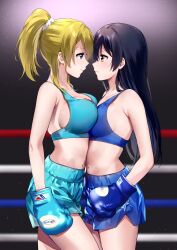 Rule 34 | 2girls, asymmetrical docking, ayase eli, bare shoulders, black hair, blonde hair, blue bra, blue eyes, blue gloves, blue shorts, boxing, boxing gloves, boxing ring, boxing shorts, bra, breast press, breasts, commission, eye contact, frown, gloves, highres, indoors, large breasts, long hair, looking at another, love live!, love live! school idol project, medium breasts, multiple girls, nanatsu no umi, navel, ponytail, shorts, sidelocks, skeb commission, smile, sonoda umi, sports bra, stomach, underwear, yellow eyes