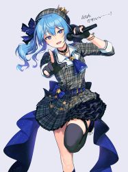Rule 34 | 1girl, belt, black choker, black gloves, black thighhighs, blue hair, choker, crown, dress, gloves, grey background, grey dress, grey hat, hair ribbon, hat, holding, hololive, hoshimachi suisei, hoshimachi suisei (1st costume), index finger raised, leg up, long hair, long sleeves, looking at viewer, microphone, mini crown, nagu, open mouth, outstretched arm, partially fingerless gloves, plaid, plaid dress, plaid headwear, purple eyes, ribbon, side ponytail, simple background, single thighhigh, smile, solo, standing, standing on one leg, star (symbol), thigh strap, thighhighs, virtual youtuber, wing collar