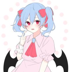 Rule 34 | 1girl, alternate hairstyle, ascot, bat wings, blue hair, blush, collared shirt, fang, finger to cheek, frilled ribbon, frills, hair between eyes, hair ribbon, hand up, highres, index finger raised, low wings, no headwear, open mouth, pink shirt, pink skirt, protected link, red ascot, red eyes, red ribbon, remilia scarlet, ribbon, shirt, short hair, skirt, skirt set, solo, touhou, twintails, upper body, white background, wings, wrist cuffs, yurui tuhu