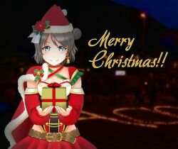 1girl blue_eyes blush box brown_hair christmas dress gift gift_box hat looking_at_viewer love_live! love_live!_sunshine!! santa_costume santa_dress santa_hat short_hair solo watanabe_you