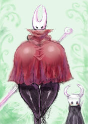 Rule 34 | 1boy, 1girl, 2b-ge, age difference, black skin, breasts, colored skin, dress, eyelashes, furry, gigantic breasts, green background, highres, hollow knight, hornet (hollow knight), horns, knight (hollow knight), mask, no humans, red dress, size difference, sword, taller female, thick thighs, thighs, weapon, weapon on back