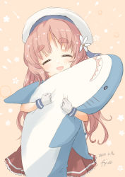 Rule 34 | 1girl, absurdres, brown eyes, brown hair, commentary request, hugging doll, closed eyes, facing viewer, fyuo, gloves, hat, highres, ikea shark, kantai collection, long hair, hugging object, one-hour drawing challenge, one side up, pleated skirt, red skirt, sailor hat, skirt, smile, solo, stuffed animal, stuffed shark, stuffed toy, thick eyebrows, wavy hair, white gloves, yashiro (kancolle)