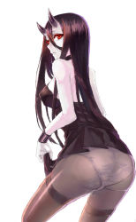 Rule 34 | 10s, 1girl, abyssal ship, ass, bad id, bad pixiv id, battleship princess, black dress, black hair, colored skin, dress, glowing, glowing eyes, horns, kantai collection, long hair, looking at viewer, pale skin, panties, panties under pantyhose, pantyhose, red eyes, short dress, skin-covered horns, solo, sw (2311550438), thighband pantyhose, underwear, very long hair, white skin