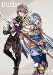 Rule 34 | 2boys, armor, blue hair, butler, cup, dagger, dwyer (fire emblem), english text, european clothes, fire emblem, fire emblem fates, fur, fur collar, gzei, hair over one eye, holding, holding weapon, jacket, japanese clothes, knife, looking at viewer, multiple boys, nintendo, polearm, shigure (fire emblem), smile, spear, tea, teacup, weapon, white hair