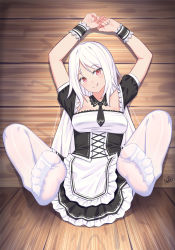 Rule 34 | 1girl, absurdres, blush, feet, female focus, highres, licking lips, long hair, looking at viewer, maid, pantyhose, red eyes, smile, soles, solo, toes, tongue, tongue out, white hair, white pantyhose