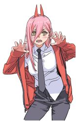 Rule 34 | 1girl, black necktie, blush, chainsaw man, claw pose, cross-shaped pupils, hair between eyes, highres, horns, jacket, long hair, looking at viewer, necktie, open clothes, open jacket, pink hair, power (chainsaw man), red horns, red jacket, shiren (ourboy83), simple background, sleeves past wrists, solo, symbol-shaped pupils, white background, yellow eyes
