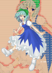 Rule 34 | circled 9, 1girl, blue hair, bow, cirno, fechirin, female focus, outstretched arms, phantasmagoria of flower view, smile, solo, touhou