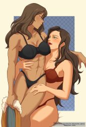 2girls abs asami_sato avatar_legends black_bra black_hair black_panties blue_eyes border bra breasts brown_hair cleavage coat commission dark-skinned_female dark_skin green_eyes hair_between_eyes highres holding holding_clothes holding_coat hug korra long_hair multiple_girls muscular muscular_female panties red_bra red_lips red_panties the_legend_of_korra thighs twitter_username underwear white_border yellow_nicky yuri