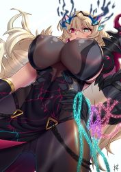 Rule 34 | 1girl, blonde hair, blush, breasts, chain, barghest (fate), barghest (second ascension) (fate), fate/grand order, fate (series), gauntlets, green eyes, guriguri (arayotto4351), heterochromia, highres, horns, huge breasts, impossible clothes, large breasts, long hair, muscular, muscular female, puffy nipples, red eyes, solo, thighs