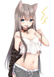 Rule 34 | 1girl, animal ears, bare shoulders, blouse, blue eyes, breasts, brown hair, chain, collar, collarbone, dog ears, dolphin shorts, fangs, frown, hair between eyes, long hair, midriff, navel, nazuna shizuku, off shoulder, open mouth, original, shirt, short shorts, shorts, simple background, small breasts, solo, stomach, teeth, torn clothes, torn shirt, v-shaped eyebrows, white background, white shirt