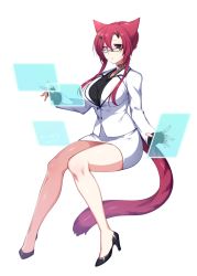 1girl, animal ears, black shirt, breasts, business suit, cat ears, cat tail, fingerless gloves, formal, glasses, gloves, hair between eyes, heterochromia, high heels, holographic interface, horns, invisible chair, konshin, large breasts, looking at viewer, pencil skirt, phantasy star, phantasy star online 2, red hair, shirt, short hair with long locks, sitting, skirt, solo, suit, tail, white background, white suit
