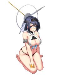 Rule 34 | 1girl, adapted costume, bare legs, bikini, black bikini, blue eyes, blue hair, blush, breasts, chain, chain headband, condom, condom wrapper, hair intakes, halo, halterneck, head chain, highres, hololive, hololive english, jewelry, large breasts, looking at viewer, mechanical halo, momera, ouro kronii, seiza, short hair, simple background, sitting, solo, swimsuit, underboob, underwear, veil, virtual youtuber, white background
