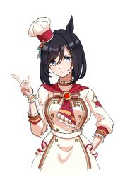 Rule 34 | 1girl, absurdres, animal ears, black hair, blue eyes, bob cut, buttons, double-breasted, dress, eishin flash (collect chocolatier) (umamusume), eishin flash (umamusume), food-themed brooch, frilled cuffs, hair between eyes, highres, horse ears, horse girl, index finger raised, looking at viewer, mini chef hat, neckerchief, official alternate costume, red neckerchief, senchan 7, short hair, simple background, sleeves past elbows, solo, swept bangs, tilted headwear, umamusume, white background, white dress, white headwear