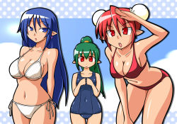 Rule 34 | 3girls, bent over, bikini, blue eyes, blue hair, breast envy, breasts, chiki (chikibw), covered navel, elf, green hair, large breasts, multiple girls, navel, one-piece swimsuit, open mouth, pointy ears, red eyes, red hair, school swimsuit, side-tie bikini bottom, swimsuit