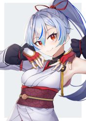 Rule 34 | 1girl, armpits, bare shoulders, blue hair, breasts, closed mouth, commentary request, fate/grand order, fate (series), fingerless gloves, gloves, gradient hair, grey background, hair between eyes, hair ribbon, hands up, high ponytail, highres, japanese clothes, kimono, long hair, looking at viewer, multicolored hair, nail polish, obi, pink nails, ponytail, red eyes, red gloves, red ribbon, ribbon, sash, silver hair, single sleeve, small breasts, smile, solo, streaked hair, tapioka (oekakitapioka), tomoe gozen (fate), two-tone background, upper body, white background, white kimono