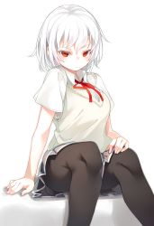 Rule 34 | 1girl, absurdres, akira (otokuyou), black pantyhose, blouse, blush, breasts, closed mouth, expressionless, grey skirt, hair between eyes, hand on own chest, highres, knees, large breasts, looking at viewer, original, otokuyou, pantyhose, pleated skirt, psd available, red eyes, school uniform, shirt, short hair, short sleeves, simple background, sitting, skirt, solo, sweater vest, thighs, tsurime, white background, white hair, white shirt