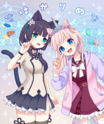 Rule 34 | 2girls, :d, alternate hairstyle, animal ears, aqua ribbon, arm at side, assault lily, belt, belt buckle, black choker, black hair, black hairband, black skirt, blue eyes, blue jacket, blunt bangs, blush, bow, bowtie, breasts, brown sailor collar, brown thighhighs, buckle, c-chrone, cat ears, cat tail, choker, commentary request, cowboy shot, fake animal ears, fake horns, fake tail, fingernails, fish, flower, food, food bite, frilled skirt, frills, gradient background, green eyes, grey background, hair bow, hair flower, hair horns, hair ornament, hair ribbon, hair scrunchie, hairband, hand up, high-waist skirt, highres, hood, hood down, hooded jacket, horns, index finger raised, jacket, jewelry, kanba girls high school uniform, leaning to the side, light particles, long hair, long sleeves, looking at viewer, low ponytail, macaron, magic circle, medium breasts, miniskirt, multicolored clothes, multicolored jacket, multiple girls, open clothes, open jacket, open mouth, parted lips, pink bow, pink hair, pink jacket, pink scrunchie, red belt, red shirt, red skirt, ribbon, ring, sailor collar, school uniform, scrunchie, serafuku, shirt, short sleeves, side ponytail, side slit, single horn, skirt, smile, sparkle background, standing, tail, tanba akari, thighhighs, translation request, v, wang yujia, white bow, white bowtie, white flower, white shirt, white thighhighs, wristband, zettai ryouiki