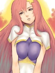 Rule 34 | 00s, 1girl, breasts squeezed together, breasts, brown eyes, capelet, fumio (rsqkr), gundam, gundam seed, gundam seed destiny, hair ornament, head tilt, large breasts, leotard, lips, long hair, meer campbell, pink hair, sketch, solo, star (symbol), star hair ornament