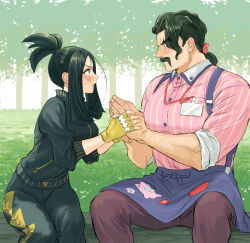 Rule 34 | 1boy, 1girl, apron, arm hair, black hair, black jacket, black pants, blush, character print, collared shirt, commentary request, creatures (company), day, dendra (pokemon), eye contact, facial hair, fingerless gloves, game freak, gen 1 pokemon, gloves, holding hands, jacket, jigglypuff, lanyard, looking at another, mustache, nintendo, open mouth, outdoors, pants, pink shirt, pokemon, pokemon sv, saguaro (pokemon), shirt, short ponytail, sidelocks, sitting, suspenders, sweat, umi meteo, waist apron, yellow gloves