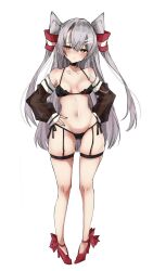 Rule 34 | 1girl, amatsukaze (kancolle), bikini, black bikini, black choker, breasts, brown eyes, chigasaki yukari, choker, commentary request, detached sleeves, full body, grey hair, hair tubes, hands on own hips, highres, kantai collection, long hair, looking at viewer, red footwear, see-through, see-through sleeves, side-tie bikini bottom, simple background, small breasts, solo, standing, swimsuit, two side up, white background