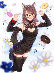 Rule 34 | 1girl, :d, animal ear fluff, animal ears, bare shoulders, black footwear, black sweater, black thighhighs, blurry, blurry foreground, blush, breasts, brown eyes, brown hair, chain, claw pose, cleavage, cleavage cutout, clothing cutout, collar, depth of field, doughnut, flower, food, full body, glasses, hands up, heart cutout, highres, light up, loafers, long hair, long sleeves, looking at viewer, medium breasts, mole, mole on breast, na kyo, nail polish, open mouth, petals, red nails, ribbed sweater, semi-rimless eyewear, shoes, smile, solo, sweater, tail, teardrop-framed glasses, thighhighs, under-rim eyewear, virtual youtuber, water drop, white flower, wolf ears, wolf girl, wolf tail, yuzuki uru, zettai ryouiki