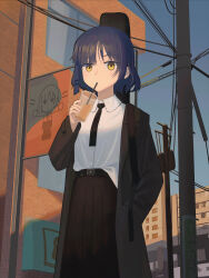 Rule 34 | 1girl, absurdres, belt, black belt, black coat, black necktie, black skirt, blue hair, blue sky, bocchi the rock!, brick wall, building, chinese commentary, coat, collared shirt, commentary request, cup, drinking, drinking straw, feet out of frame, guitar case, hair ornament, hairclip, hand in pocket, highres, holding, holding cup, instrument case, long coat, long skirt, long sleeves, looking at viewer, mole, mole under eye, necktie, outdoors, pleated skirt, shirt, shirt partially tucked in, short hair, shupianmao, skirt, sky, solo, standing, sunlight, utility pole, white shirt, window, yamada ryo, yellow eyes