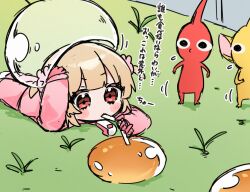 Rule 34 | 1girl, black eyes, blonde hair, blush, chibi, commentary, crossover, drinking, drinking straw, drinking straw in mouth, flying sweatdrops, gloves, grass, hachimiya mumu, hair ornament, hand on own head, hand up, helmet, highres, liquid, long sleeves, lying, natori sana, nintendo, on stomach, outdoors, pikmin (creature), pikmin (series), pink gloves, rabbit hair ornament, red eyes, red pikmin, sana channel, space helmet, spacesuit, standing, symbol-only commentary, translation request, two side up, virtual youtuber, yellow pikmin