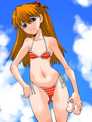 Rule 34 | 1girl, ass, bad anatomy, bare legs, bare shoulders, bikini, blue eyes, breasts, brown hair, cameltoe, can, cleavage, hand on own hip, highres, holding, holding can, long hair, neon genesis evangelion, shinama, shiny skin, side-tie bikini bottom, simple background, sky, small breasts, smile, solo, souryuu asuka langley, swimsuit, twintails, upper body, white background, wide hips