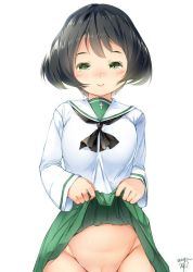 Rule 34 | 10s, 1girl, black hair, blush, breasts, clothes lift, girls und panzer, green eyes, groin, looking at viewer, medium breasts, no panties, ooarai school uniform, pussy, pussy peek, school uniform, short hair, simple background, skirt, skirt lift, smile, solo, source request, sugiyuu, utsugi yuuki, white background