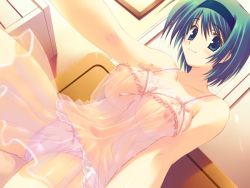 Rule 34 | 00s, 1girl, :3, blue eyes, breasts, chemise, game cg, green hair, hairband, large breasts, midriff, mitsumi misato, navel, nipples, panties, see-through, solo, to heart (series), to heart 2, to heart 2 ad, underwear, yoshioka chie