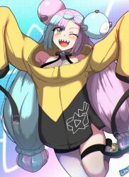 Rule 34 | 1girl, ;d, arms up, blue eyes, blue hair, bow-shaped hair, chromatic aberration, coat, collarbone, creatures (company), eyelashes, game freak, gen 1 pokemon, grey pantyhose, hexagon print, highres, hiramine akira, iono (pokemon), leg up, light blue hair, long hair, long sleeves, looking at viewer, magnemite, multicolored eyes, multicolored hair, nintendo, one eye closed, open mouth, pantyhose, pink eyes, pink hair, pokemon, pokemon sv, sharp teeth, single leg pantyhose, sleeves past fingers, sleeves past wrists, smile, solo, split-color hair, teeth, thigh strap, two-tone hair, very long hair, x, yellow eyes