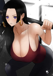 Rule 34 | 1girl, absurdres, amemuchizakuro, black hair, boa hancock, breasts, cleavage, collarbone, dripping, earrings, exercising, flying sweatdrops, highres, huge breasts, indoors, jewelry, light rays, long hair, one piece, pants, parted lips, purple eyes, red tank top, sideboob, sidelocks, squatting, sweat, tank top, weightlifting, window, workout clothes