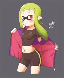 Rule 34 | 1girl, absurdres, bike shorts, blush, breasts, domino mask, green hair, highres, hip focus, inkling player character, jacket, looking at viewer, mask, midriff, navel, nintendo, pointy ears, red eyes, shirt, small breasts, solo, splatoon (series), splatoon 2, tentacle hair, undressing