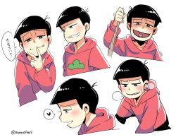 Rule 34 | 10s, 1boy, bad id, bad twitter id, black hair, bowl cut, expressions, heart, heart in mouth, hood, hoodie, licking lips, male focus, matsuno osomatsu, mone (14ri0000), osomatsu-kun, osomatsu-san, rope, shaded face, simple background, smile, solo, spoken heart, tongue, tongue out, twitter username, upper body, white background